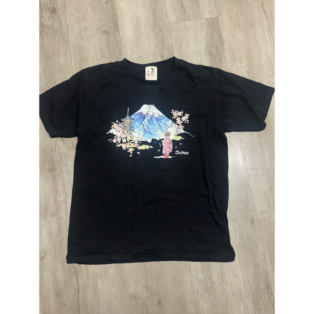 Vintage Japan Graphic Tee Mount Fuji Cherry Blossom Black Size L